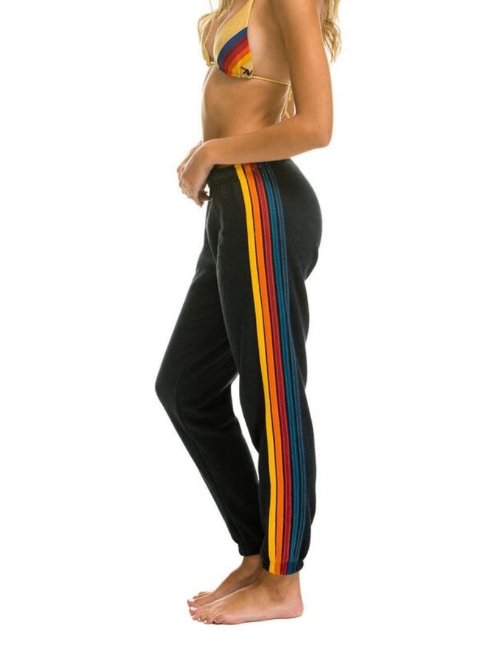 Aviator Nation Black Track Joggers with Rainbow Side Stripes (Yellow, Red, Blue)